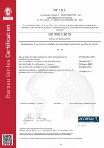 CERTIFICAZIONE BUREAU VERITAS ISO 9001:2015 