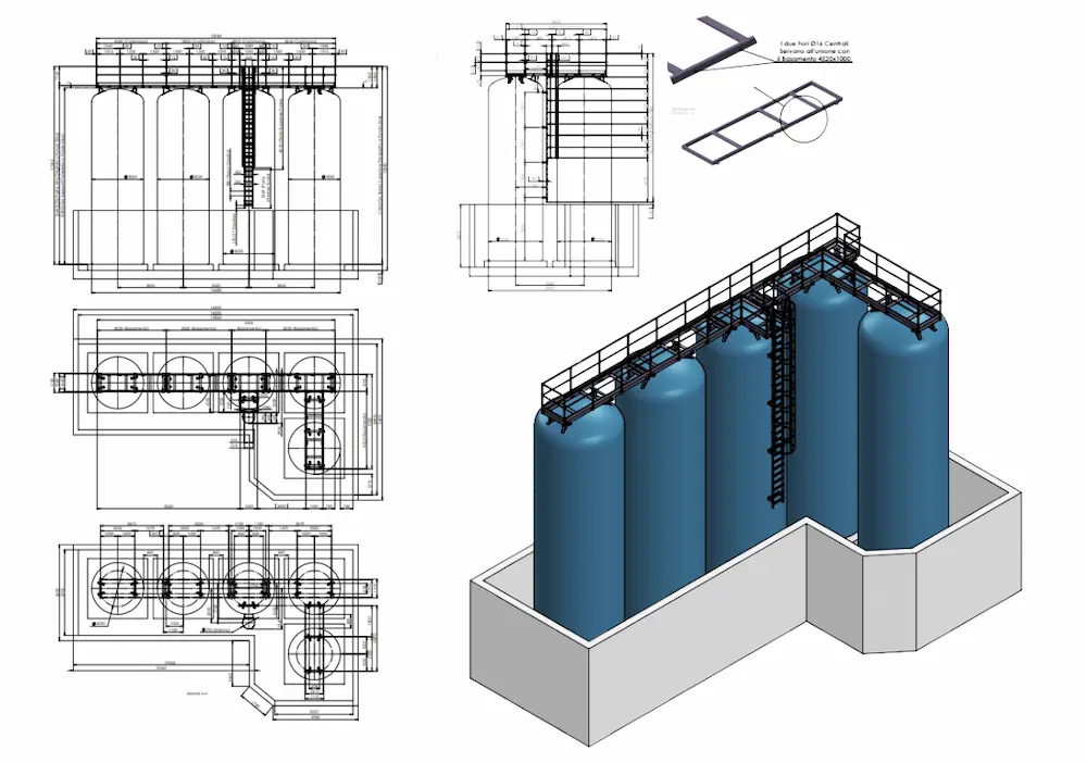 disegno tecnico di scale e passerelle per silos agricoli, passaggi ponti.