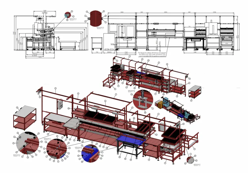 banchi di lavoro, linee di lavoro, progettate e customizzate per il cliente, settore industriale, meccanica, automotive, elettrico, powergen, con studio di dettaglio dei componenti necessari