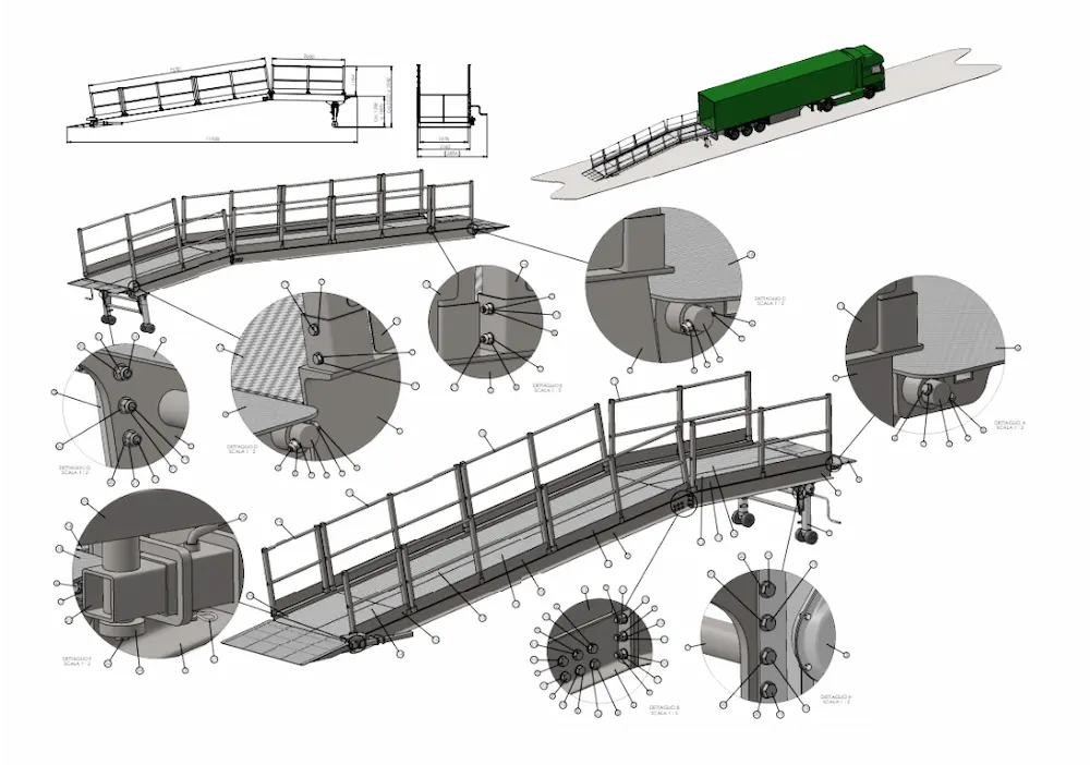 disegno tecnico progettazione rampa di carico motrice in assenza di baia di carico per l’industria dei trasporti e logistica